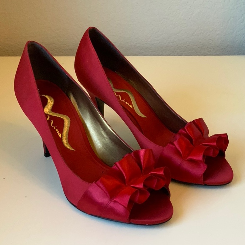 Nina Red Satin Ruffle Peep Toe High Heels